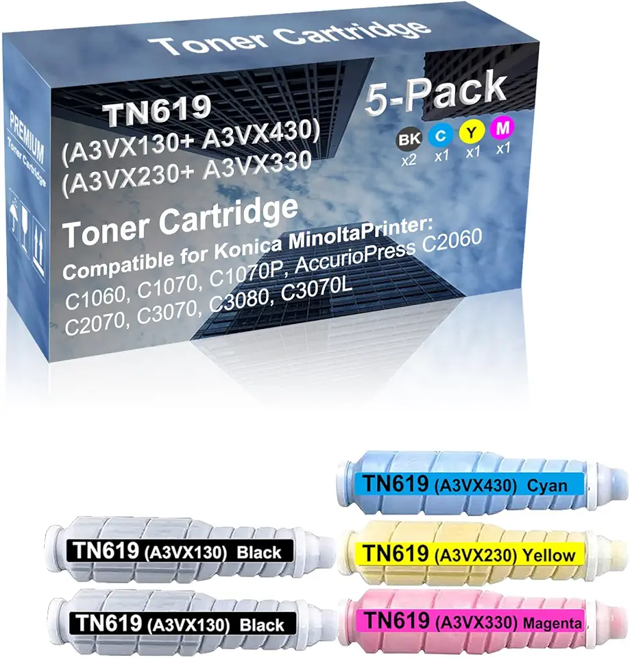 5-Pack (2BK+C+Y+M) Compatible High Capacity TN619 (A3VX130+ A3VX430+ A3VX230+ A3VX330) Toner Cartridge Used for Konica Minolta Bizhub Press C1060, C1070, C1070P Printer