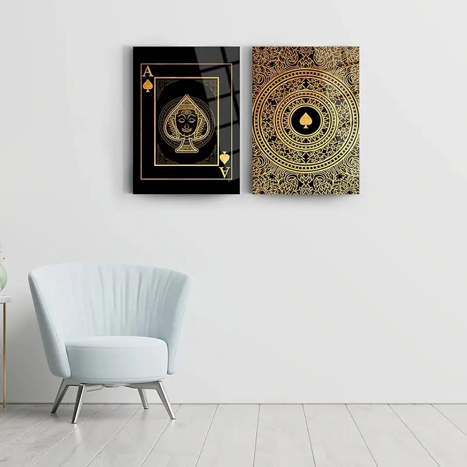 DEKADRON Golden Aces Set Of 2 Wall Decor, Glass Wall Art, Frameless Free Floating Tempered Glass Panel, Living Room Decoration (27.5”W x 39.3”H – 70x100cm Each Piece)