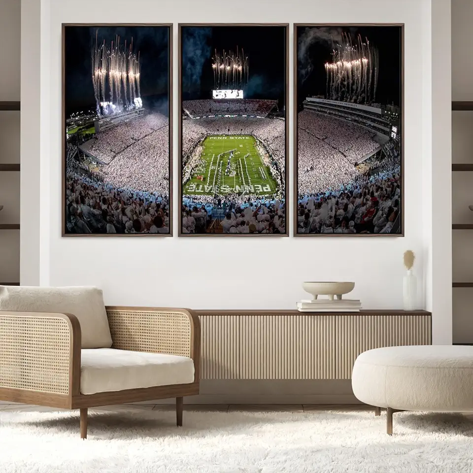 Sami Eymur - Penn State Beaver Stadium 3 Piece Panoramic Football Stadium Canvas Wall Art – Framed Large American Football Stadium Decor for Living Room, Office, Man Cave Floating Frame 72