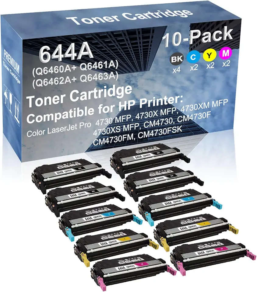 10-Pack (4BK+2C+2Y+2M) Compatible High Yield 644A (Q6460A+ Q6461A+ Q6462A+ Q6463A) Laser Printer Toner Cartridge use for CM4730FM, CM4730FSK Printer