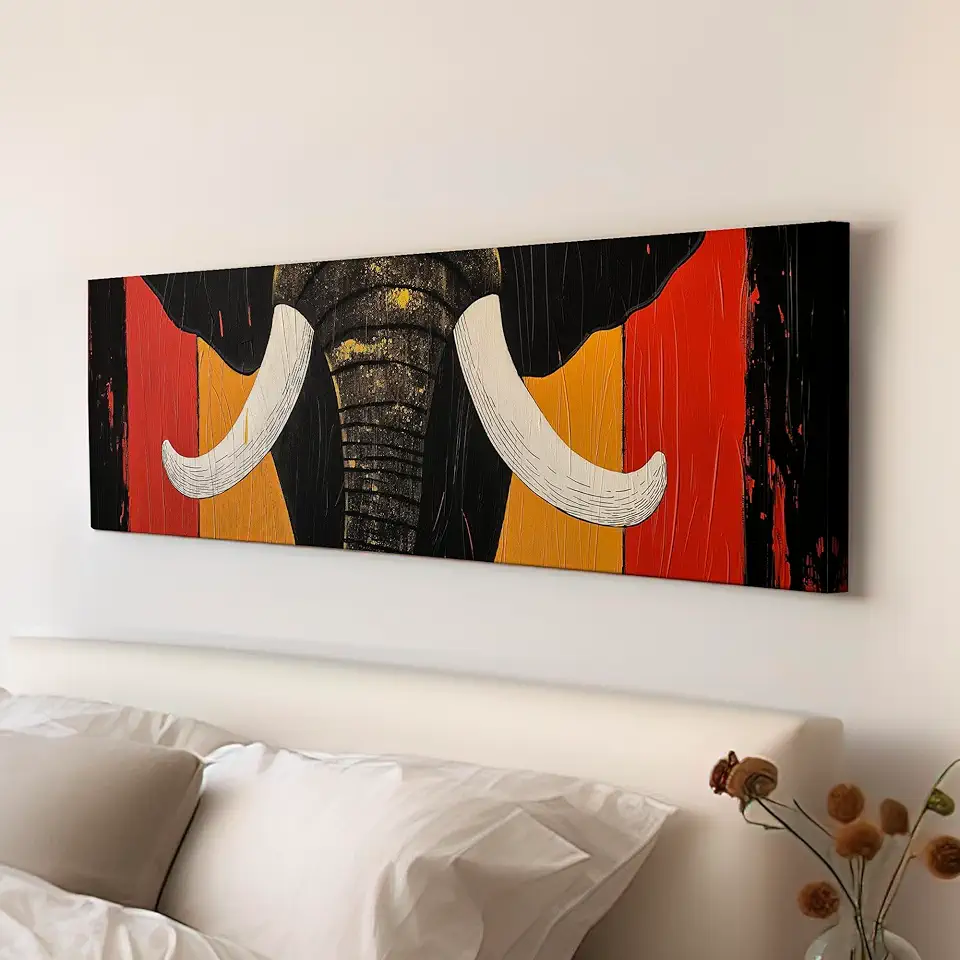 My Sweet Hideout Art Deco African Elephant Above Bed Wall Art African, Panoramic Wildlife Canvas Print, Safari Long Horizontal Canvas Art 30x90