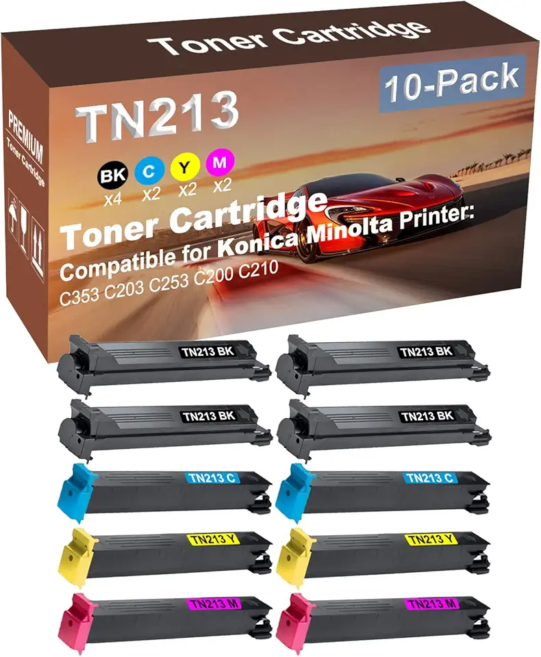 10-Pack (4BK+2C+2Y+2M) Compatible High Yield TN213 (TN213K+ TN213C+ TN213Y+ TN213M) Laser Printer Toner Cartridge Used for Konica Minolta BizHub C353, C203, C253, C200, C210 Printer