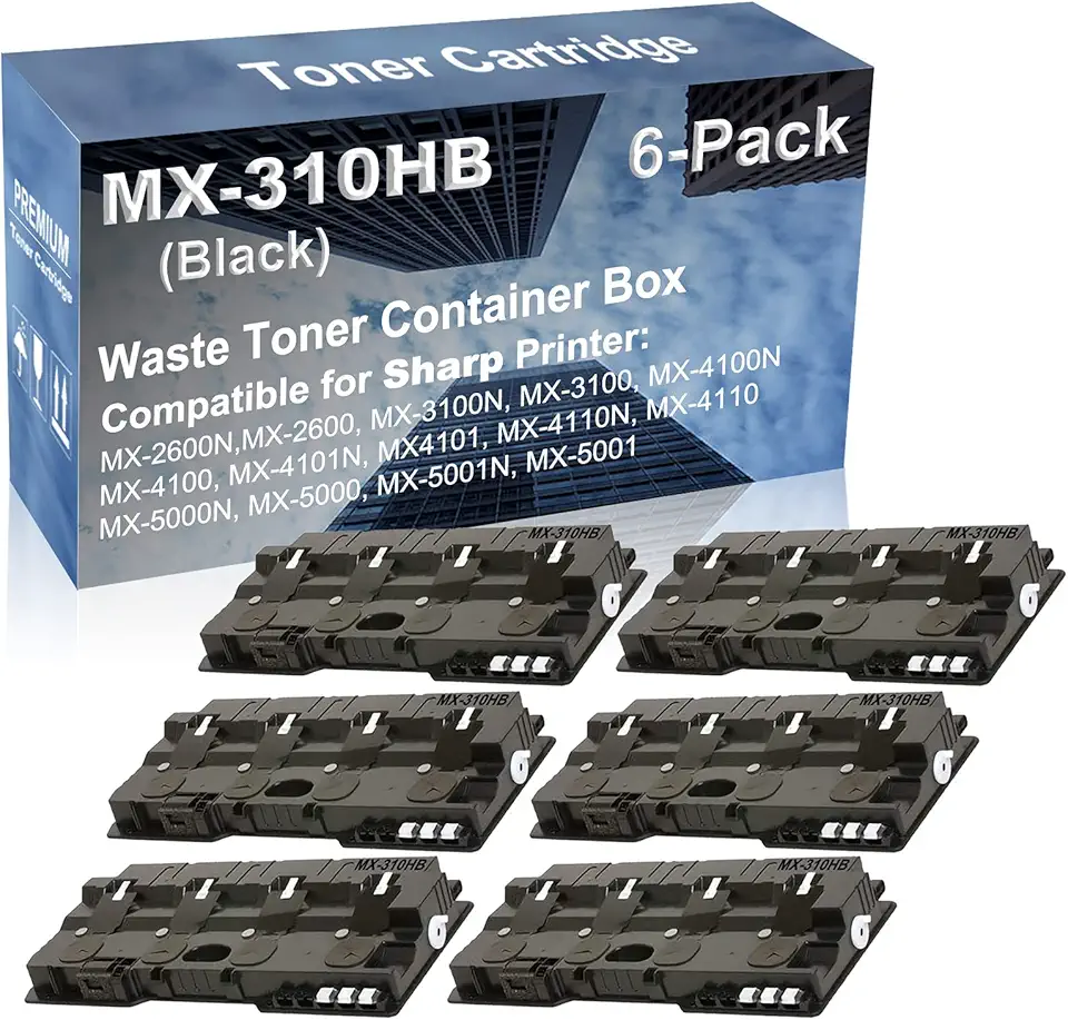 6-Pack Compatible High Yield MX-5000N, MX-5000, MX-5001N, MX-5001 Printer Waste Toner Container Box Replacement for Sharp MX-310HB MX310HB Toner Cartridge (Black)