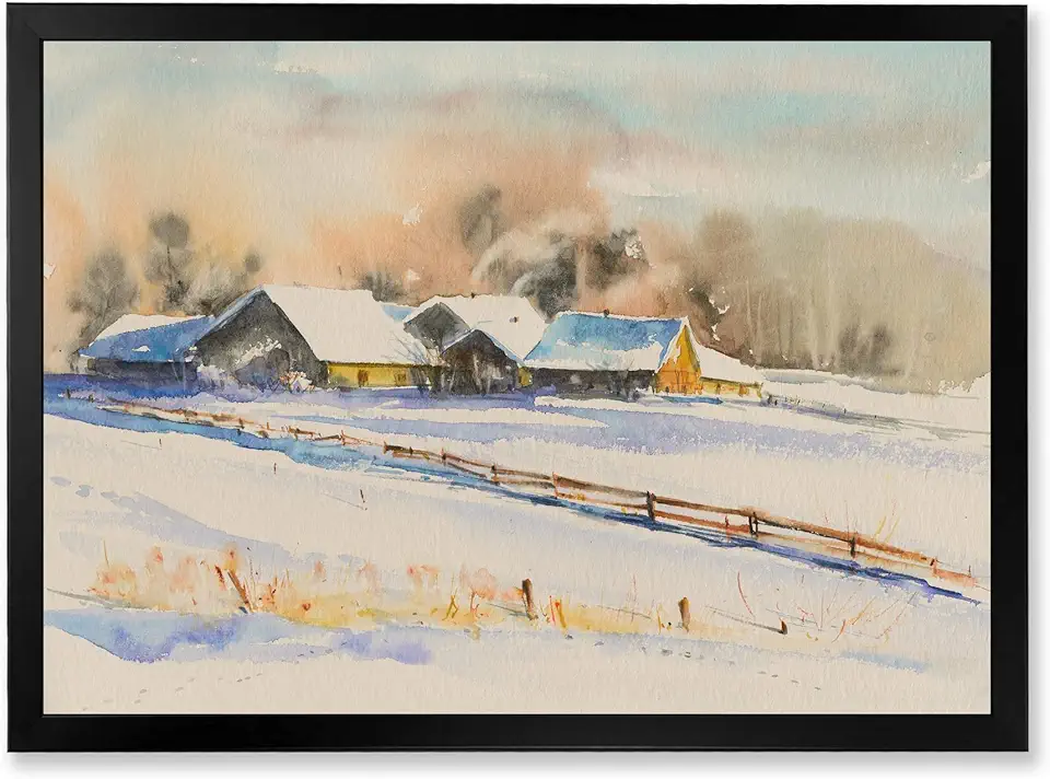 Small VIllage At Sunset Covered With Snow Traditional Framed Wall Art