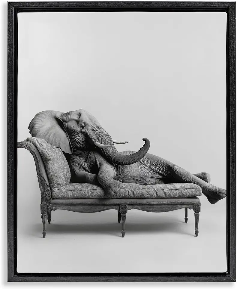 Stupell Industries Lounging Elephant on Chaise Black Framed Floater Canvas Wall Art Design by Petal Prints Design, 17 x 21