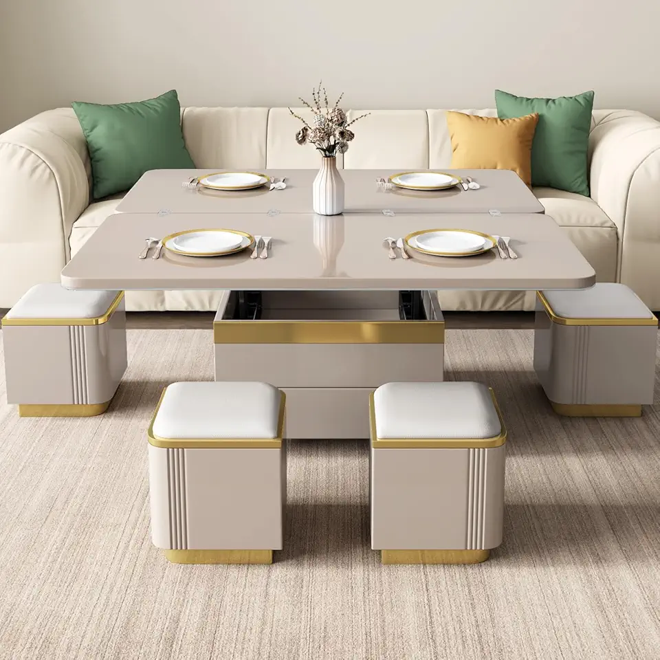 Rising Coffee Table with 4 Storage Stools for Living Room, Lift Top Center Table with Tempered Glass Tabletop, Expandale Dining Table with Drawer, Modern Office Desk