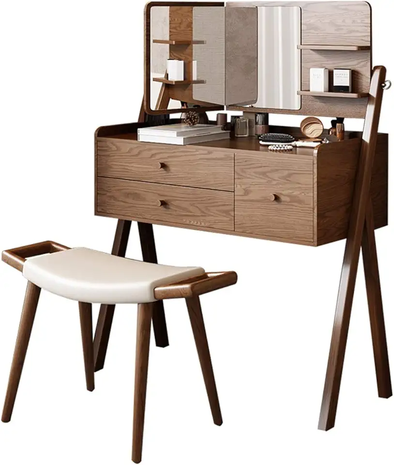 Vanity Table Set with Folding Mirror and Stool Folding Top Flip Mirrored Large Storage Organizer for Home Bedroom Bathroom Makeup Dressing Table Set