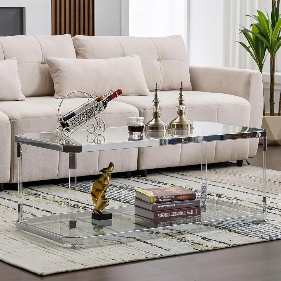 Glass Coffee Table, Clear Coffee Table with 2 Tiers, Acrylic Leg, Chrome Frame, Rectangular Center Table for Living Room (Chrome-New)