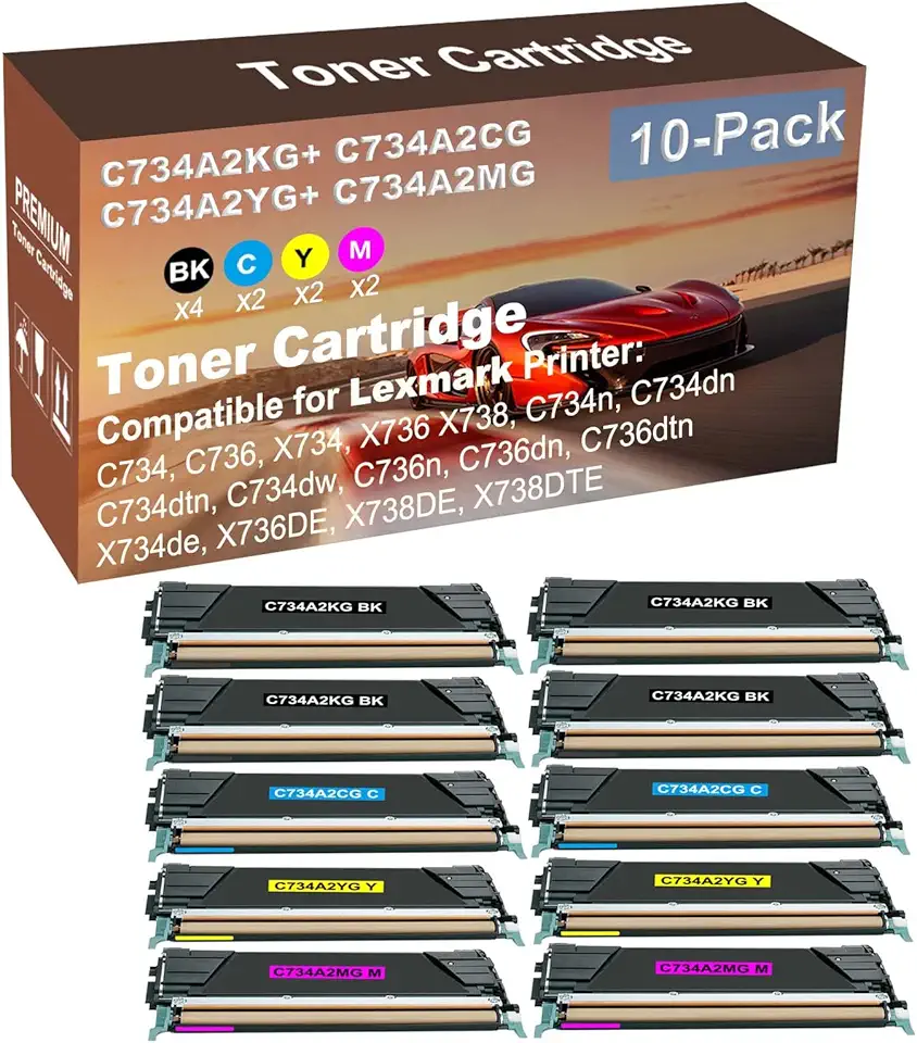 10-Pack (4BK+2C+2Y+2M) Compatible C734dn, C734dtn, C734dw, C736n, C736dn Printer Toner Cartridge High Capacity Replacement for C734A2KG+ C734A2CG+ C734A2YG+ C734A2MG Toner Cartridge