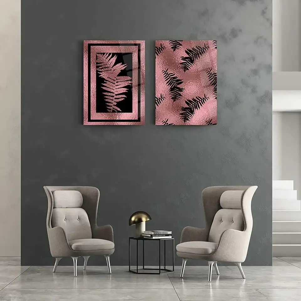 Oxidized Leaves Set Of 2 Wall Decor , Glass Wall Art, Frameless Free Floating Tempered Glass Panel, Living Room Decoration (27.5”W x 39.3”H – 70x100cm Each Piece)