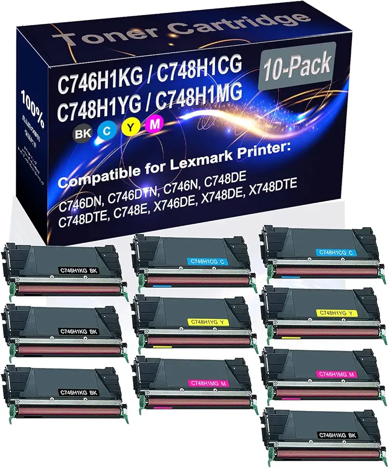 10-Pack (4BK+2C+2Y+2M) Compatible C746DN C746DTN C746N Laser Printer Toner Cartridge (High Capacity) Replacement for C746H1KG C748H1CG C748H1YG C748H1MG Printer Toner Cartridge