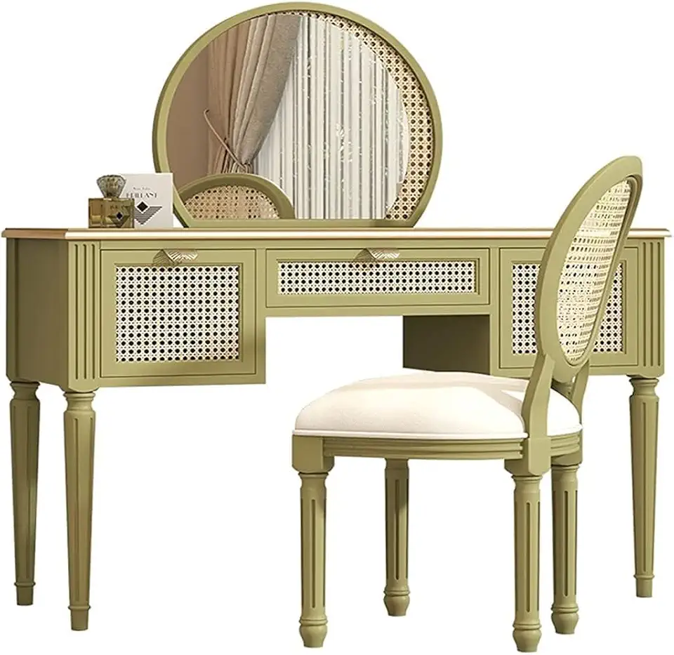 Rattan Dresser Large Storage Makeup Table with Large Mirror 3 Drawers Brass Leaf Handles (Color : A, Size : 120cm) (B 120cm)