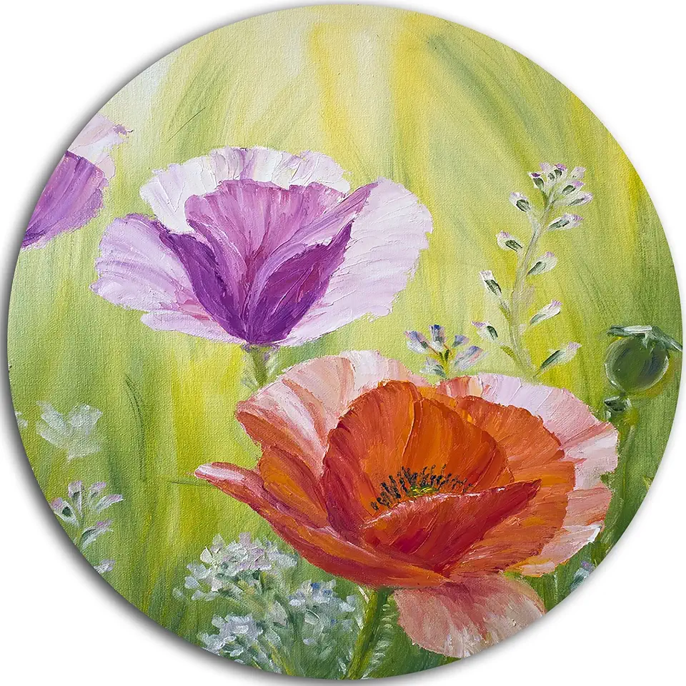 Designart Poppies in The Morning Floral Circle Wall Art-Disc of 23 inch, 23X23-Disc, Red/Green