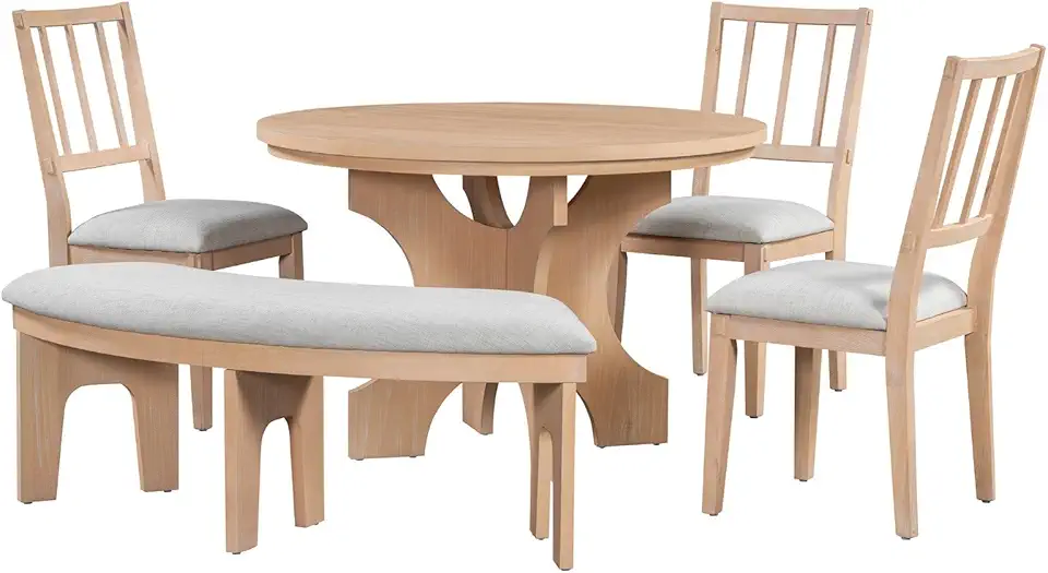 5-Piece Round Dining Set with 3 Slat-Back Chairs & Curved Bench, Modern Rustic Kitchen Table Set, Upholstered Seats for Dining Room, Living Room, Kitchen