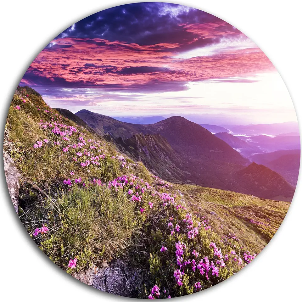 Designart Rhododendron Flowers in Hills-Landscape Photo Round Wall Art-Disc of 23, 23'' H x 23'' W x 1'' D 1P, Purple