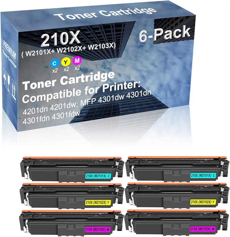 6-Pack (2C+2Y+2M) Compatible High Capacity 210X (W2101X+ W2102X+ W2103X) Toner Cartridge use for 4201dn 4201dw; MFP 4301dw 4301dn 4301fdn 4301fdw Printer (with Chip)