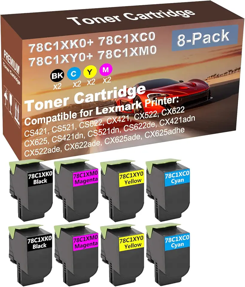 8-Pack (2BK+2C+2Y+2M) Compatible High Yield 78C1XK0+ 78C1XC0+ 78C1XY0+ 78C1XM0 Laser Printer Toner Cartridge Used for CX421adn, CX522ade, CX622ade, CX625ade, CX625adhe Printer