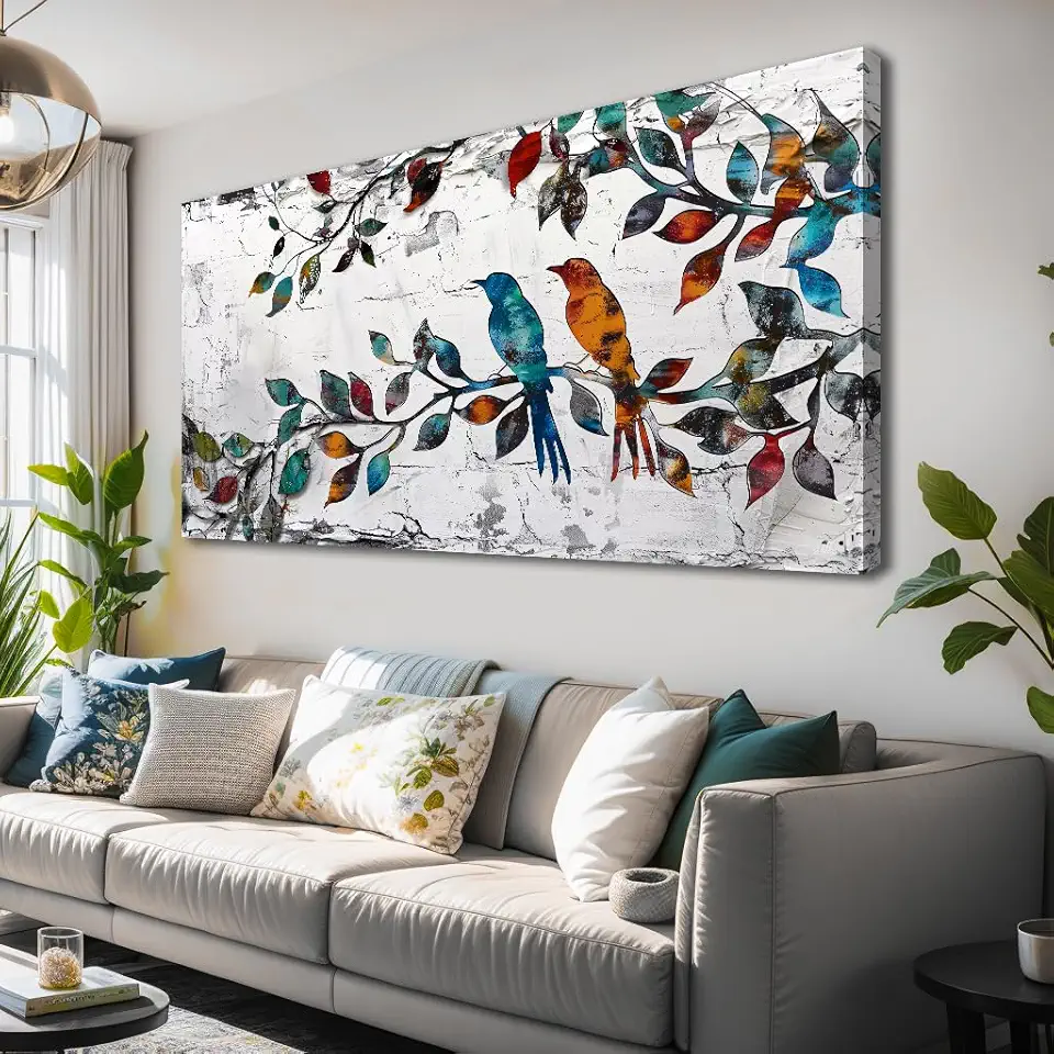 Sponsored Ad - Wall Art Funny Paintings Colorful Birds on a Branch Art Mural Pop Art Home Office Wall Decor Framed Canvas Wall Decor for Living Room Ready to Hang - 40x20in