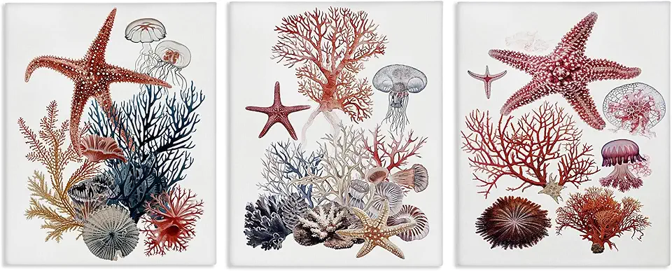 Stupell Industries Undersea Creatures with Coral 3 Piece Canvas Wall Art Set Design by Ramona Murdock, 11 x 14