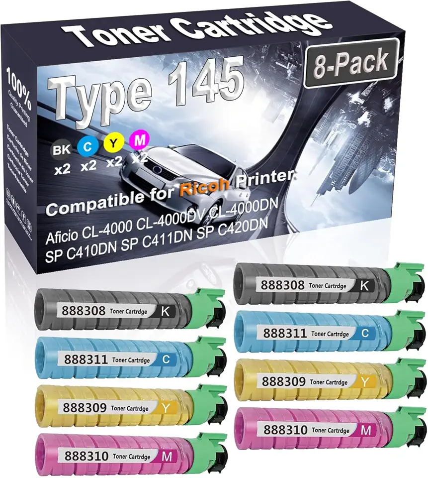 8-Pack (2BK+2C+2Y+2M) Compatible Aficio CL-4000 CL-4000DV Laser Toner Cartridge (High Capacity) Replacement for Ricoh Type 145 | 888308 888311 888309 888310 Printer Toner Cartridge