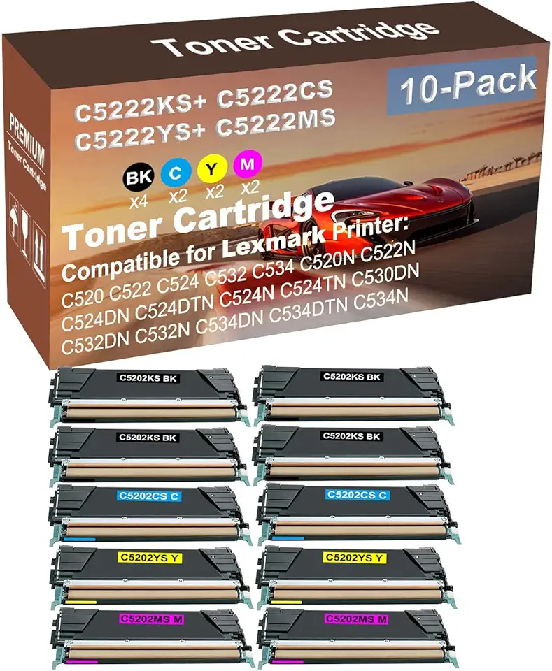 10-Pack (4BK+2C+2Y+2M) Compatible High Yield C5202KS+ C5202CS+ C5202YS+ C5202MS Laser Printer Toner Cartridge Used for C530DN, C532DN, C532N, C534DN, C534DTN, C534N Printer