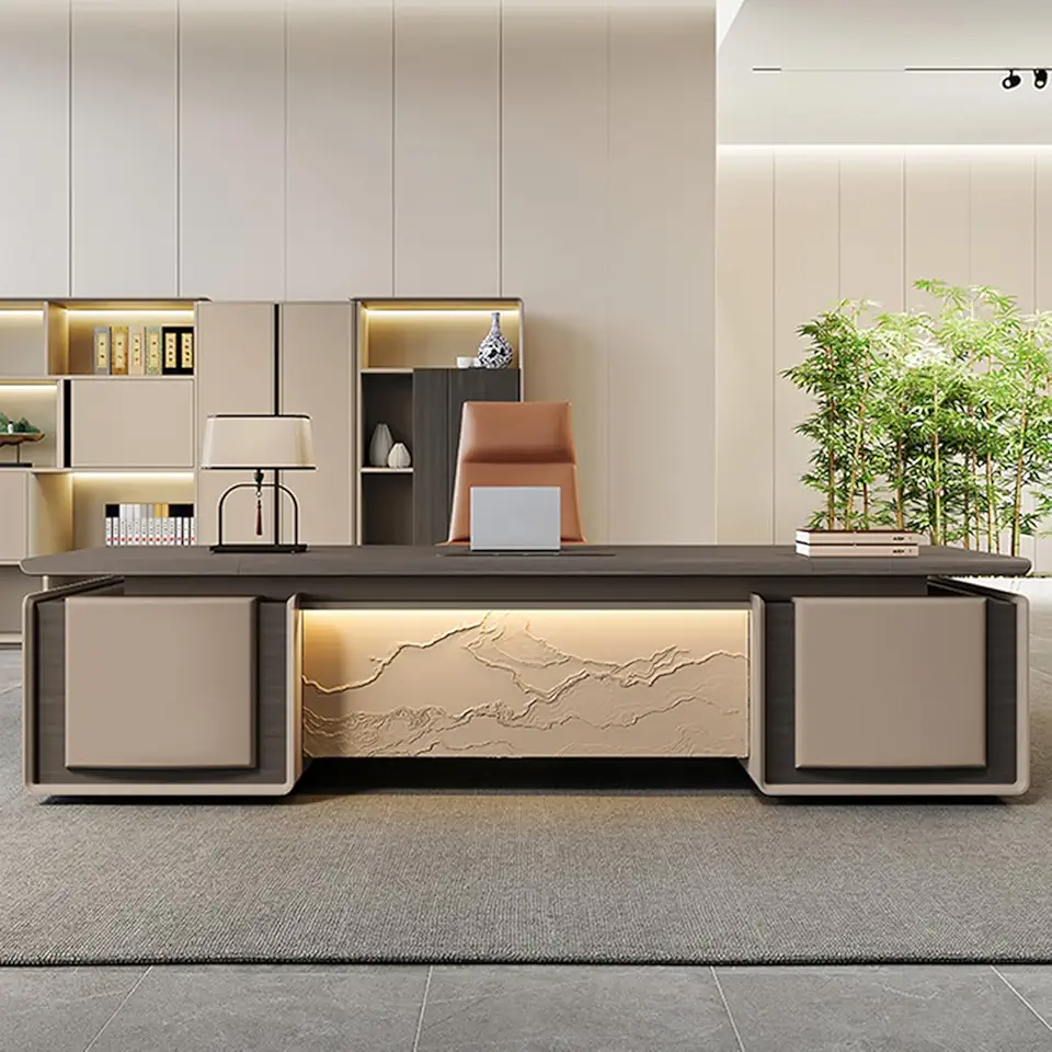 Luxury Wood Computer Desk, Executive Office Desk with Lateral Cabinet, Writing Study Table Large Business Furniture