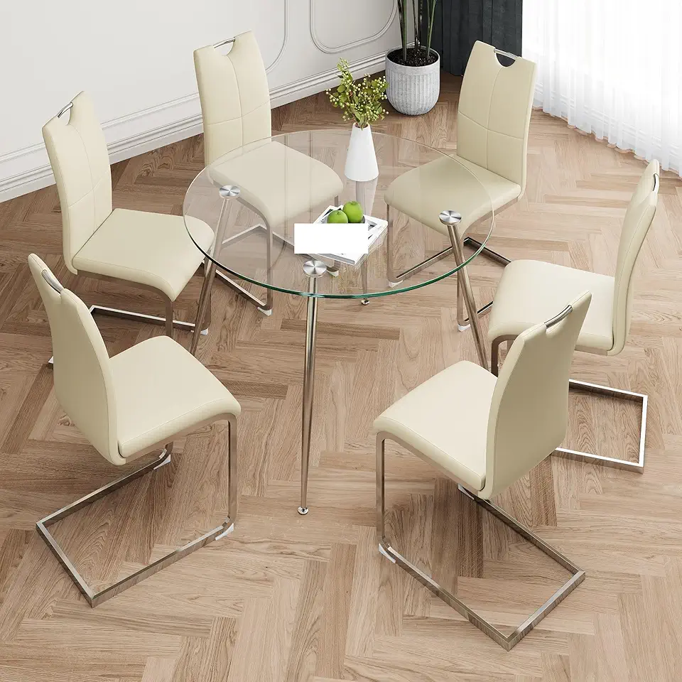 Simple Round Glass Table, Tempered Glass Countertop, Electroplated Table Legs, Light Yellow PU Dining Chair Set,Easy Assembly