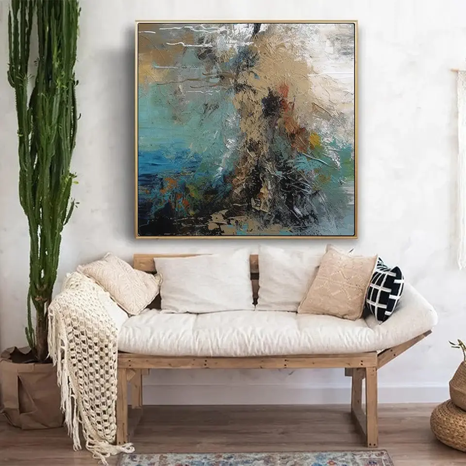 Brown And Black Abstract Textured Wall Art,Blue Oil Painting,Large Minimalist Wall Art,Modern Home Decor,Housewarming Gift,Unstretched,Frameless,(183X183cm) 72X72Inches