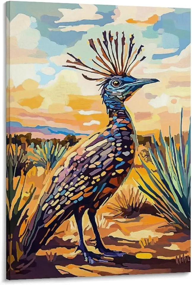 Southwestern Roadrunner Wall Art Poster Vibrant Desert Bird Canvas with Cactus And Sunset for Western Boho Decor 20x30inch(50x75cm)