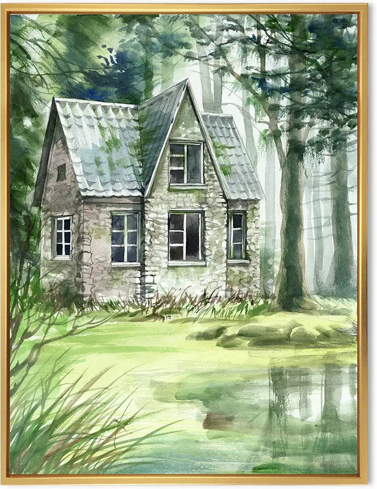 Haunted House In The Pine Forest - Lake House Framed Canvas Wall Art Print