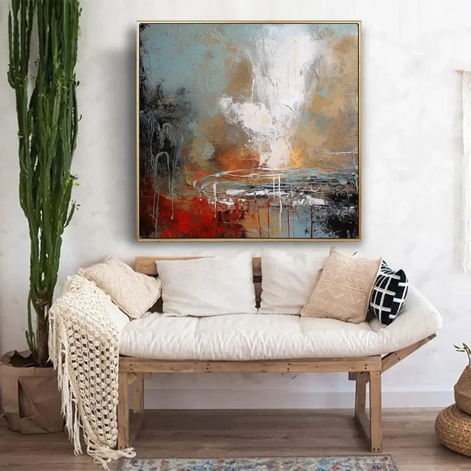 Reddish Brown Abstract Wall Art,Abstract Handmade Painting,Blue Wall Art,Acrylic Painting,Living Room Decor,Wall Decor,Unstretched,Frameless,(183X183cm) 72X72Inches