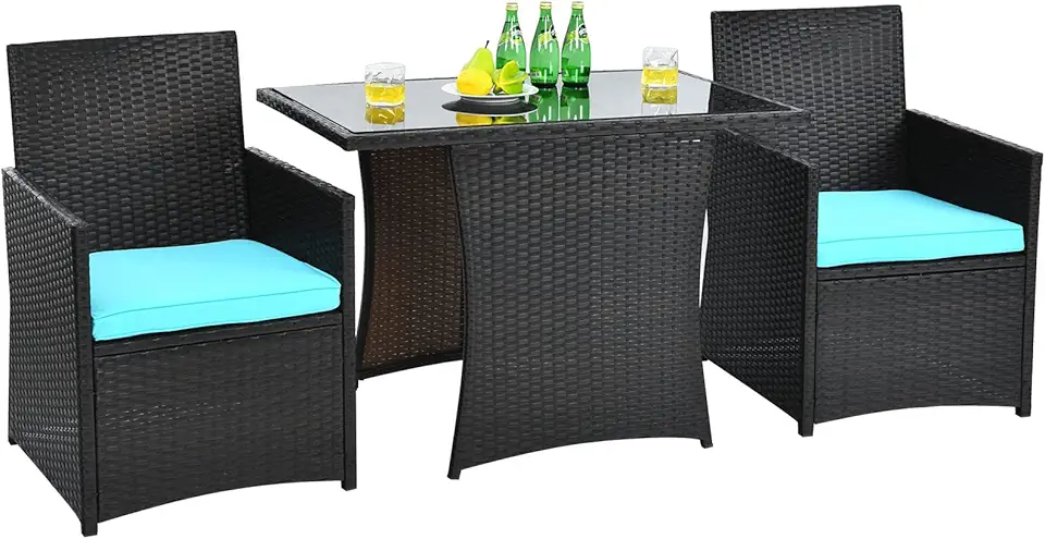 DORTALA 3 Pieces Patio Dining Set, Outdoor Rattan Bistro Set with Cushions, Tempered Glass Tabletop, Wicker Conversation Set for Garden Backyard Poolside Porch, Turquoise