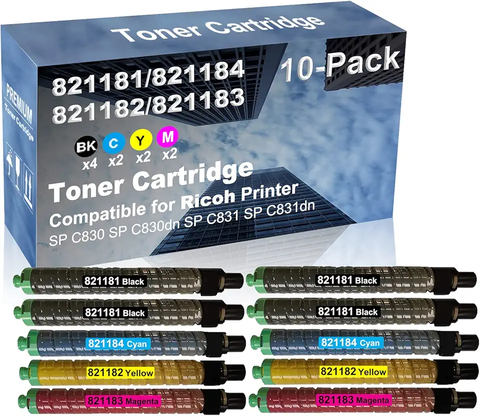10-Pack (4BK+2C+2Y+2M) Compatible High Yield 821181 821184 821182 821183 Laser Printer Toner Cartridge Used for Ricoh SP C830 SP C830dn SP C831 SP C831dn Printer