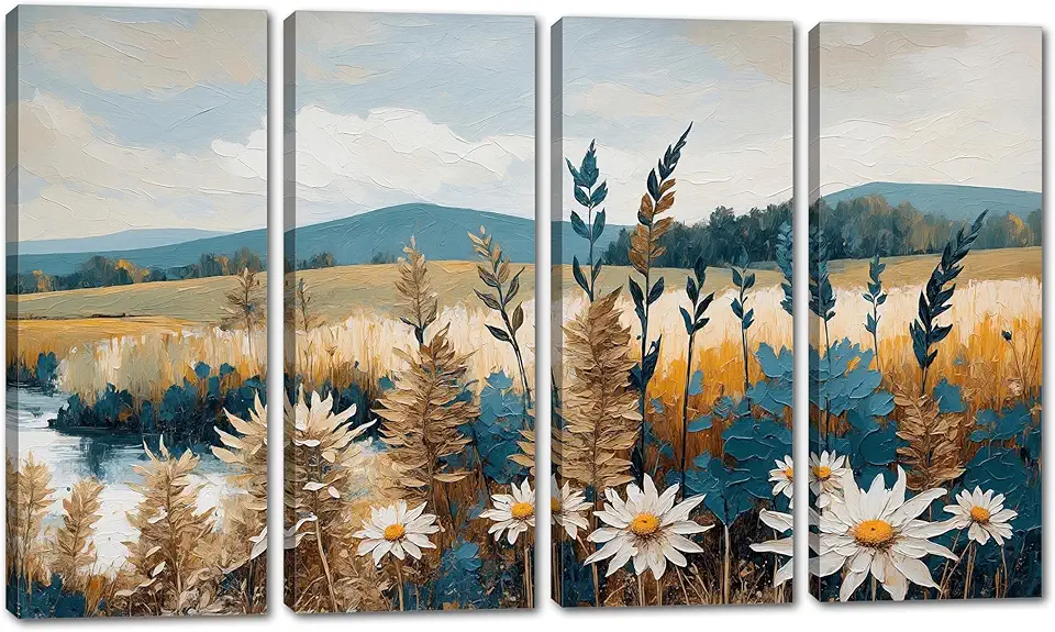 80 x 50 TOTAL - Canvas Landscape Wall Art Vintage Print 4 Panel Split Impasto Style Flowers modern farmhouse decor