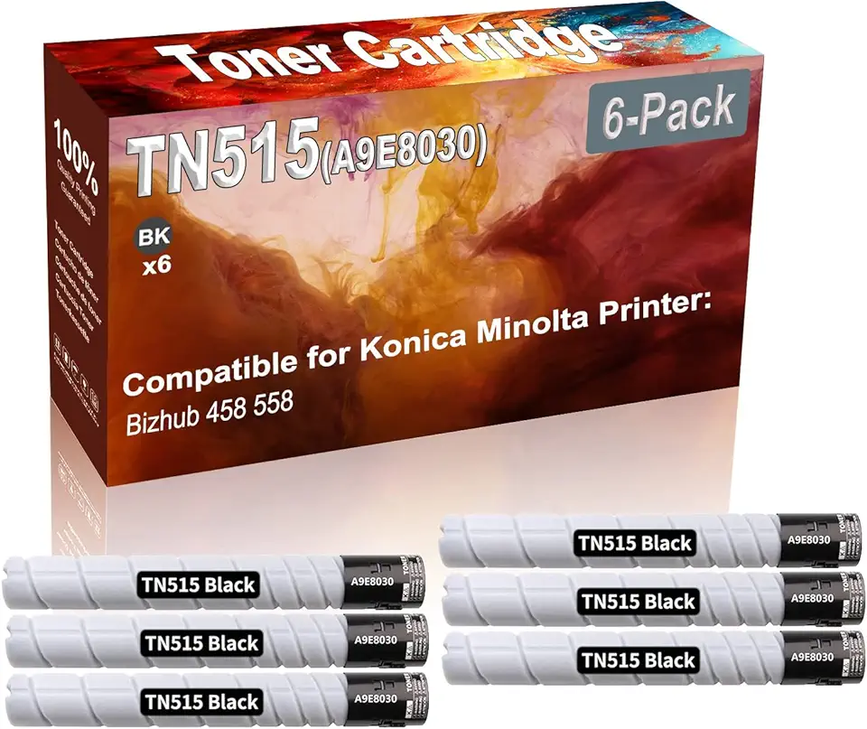 6-Pack (Black) Compatible TN515 TN-515 (A9E8030) Printer Toner Cartridge (High Capacity) fit for Konica Minolta Bizhub 458 558 Printer