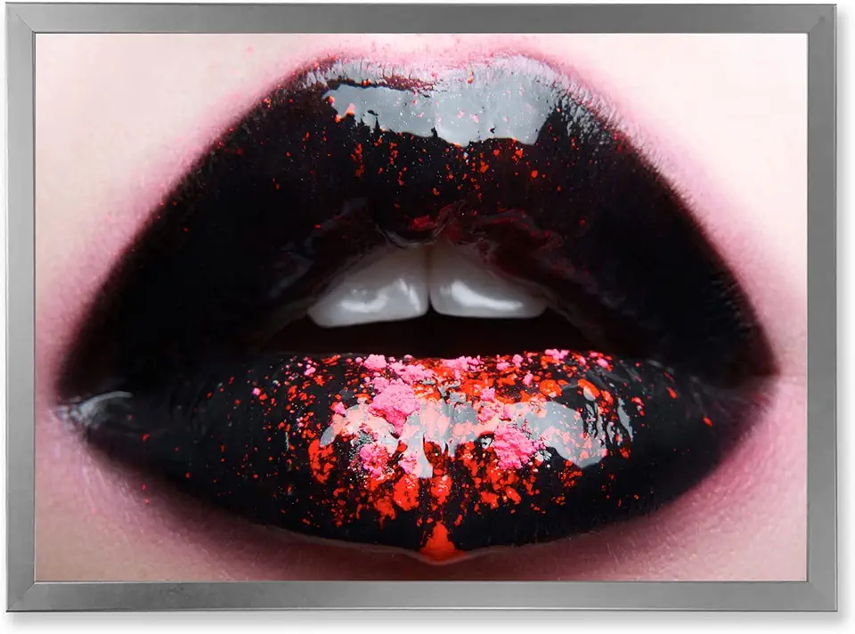 Plump Woman Lips With Black and Pink Modern Framed Wall Art