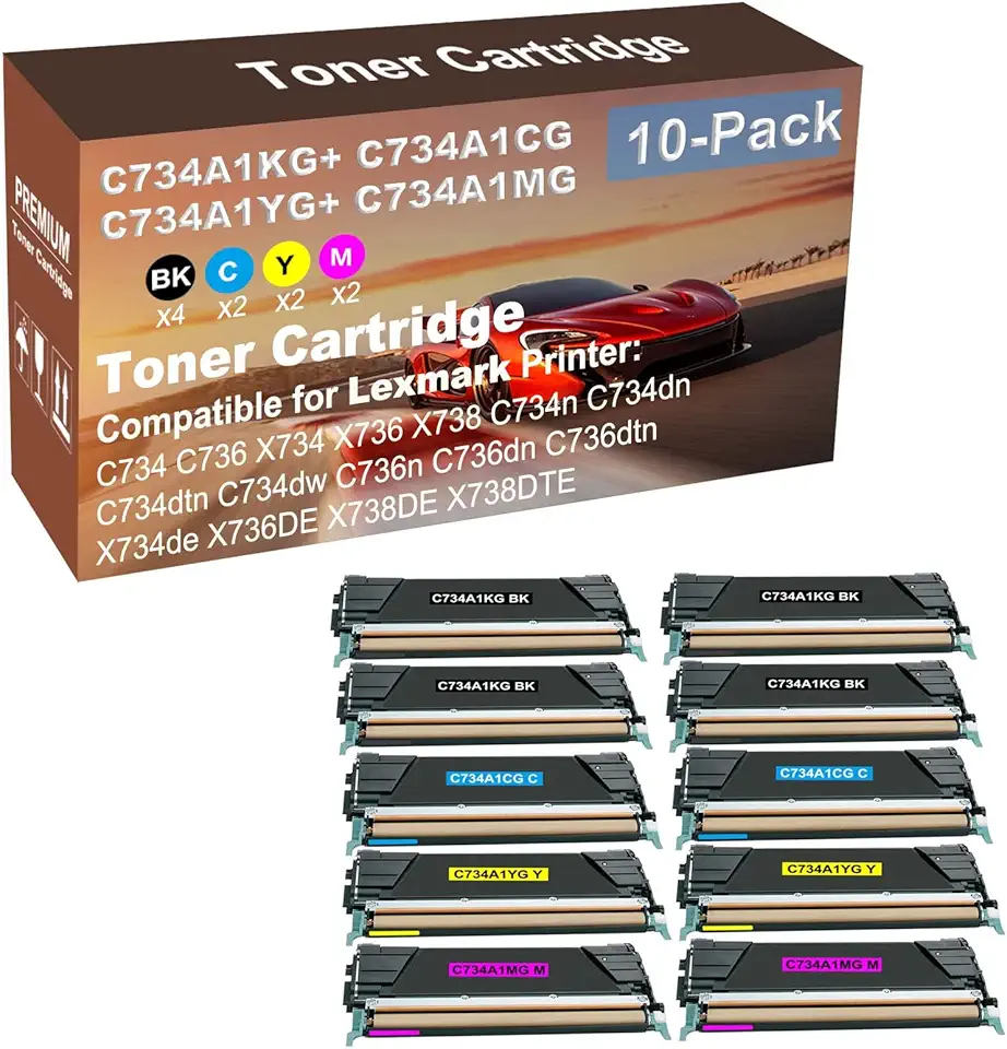 10-Pack (4BK+2C+2Y+2M) Compatible High Capacity C734A1KG+ C734A1CG+ C734A1YG+ C734A1MG Toner Cartridge Used for C734, C736, X734, X736 X738, C734n Printer