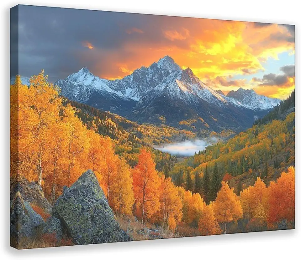 Autumn Mountain Canvas Wall Art – Sunrise Landscape Print, Home Decor, Living Room, Office, Nature Wall Poster, Modern Wall Art, Vibrant Fall Scenery Art Wall Decoration Poster Family Bar Restaurant G