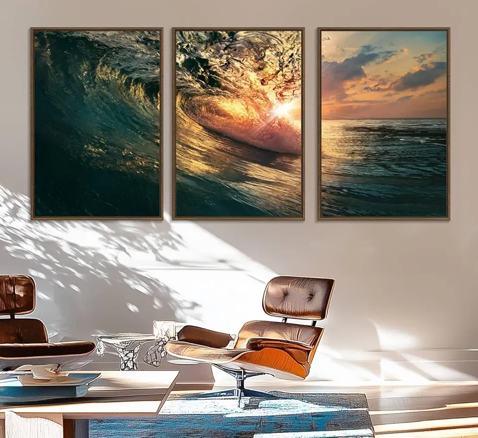 Ocean Wave Sunset Canvas Wall Art – Triptych Seascape Print – Framed and Ready to Hang for Living Room or Office 3 Panel Floating Frame/Walnut / 90