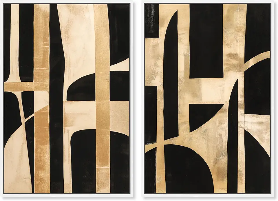 Gilded Noir Geometry 2 Panel Set Canvas Print Boho Wall Art by Art Remedy, White Frame, 36 x 54