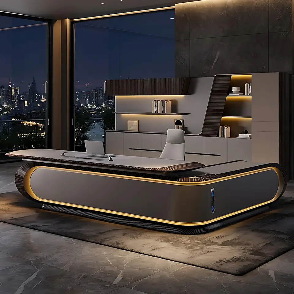 Executive Desk - Luxury l Shaped Desk with LED Strip, Home Office Desks with Multifunctional Cable Box, Solid Wood Office Desk with Drawers, No Installation Required (Brown, 110.2