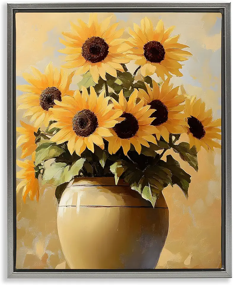 Stupell Industries Sunflower Pot Still Life Gray Framed Floater Canvas Wall Art, design by Franklyn Gregory, 17 x 21