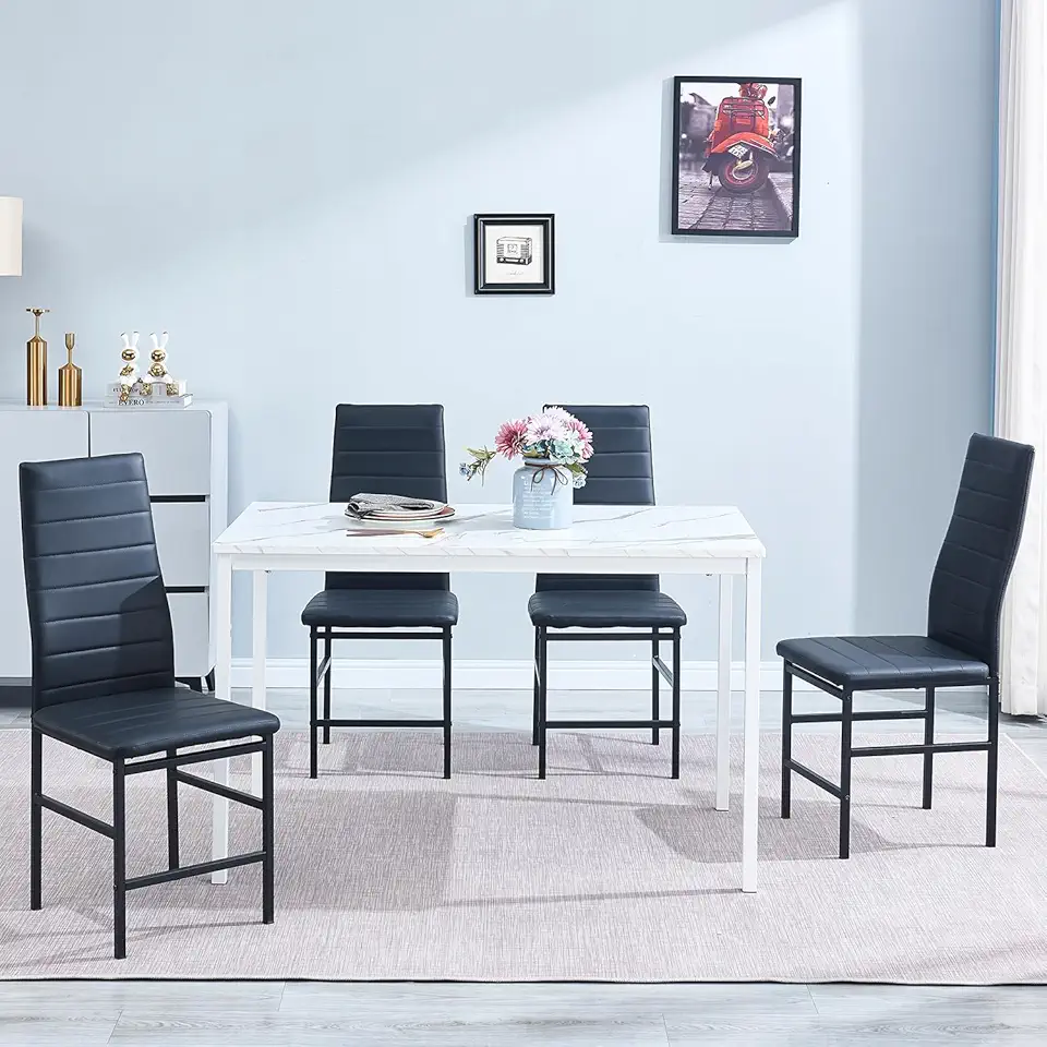 White Marbled Dining Table with Chairs Set for 4, Rectangular White Dinette Table Set Contemporary Kitchen Table and Chairs for 4,5 Pcs Dining Room Set for Home Kitchen/Apartment and Restaurant