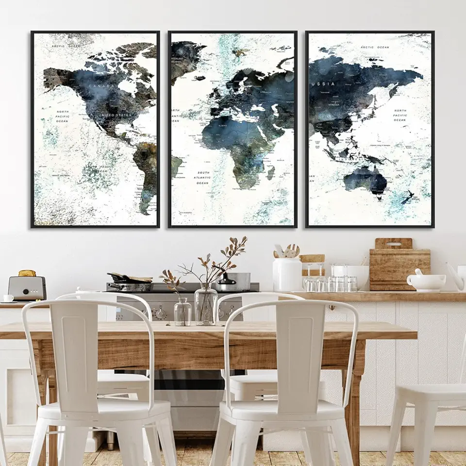 Sami Eymur Extra Large World Map Canvas – Colorful Travel Map Wall Art for Modern Home Decor 3 Panel Floating Frame/Floating - Black / 90