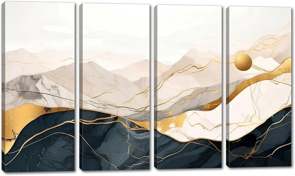 80 x 50 TOTAL - Abstract Landscape Wall Art Print on Canvas 4 Panel Split golden sphere, mountain like forms art