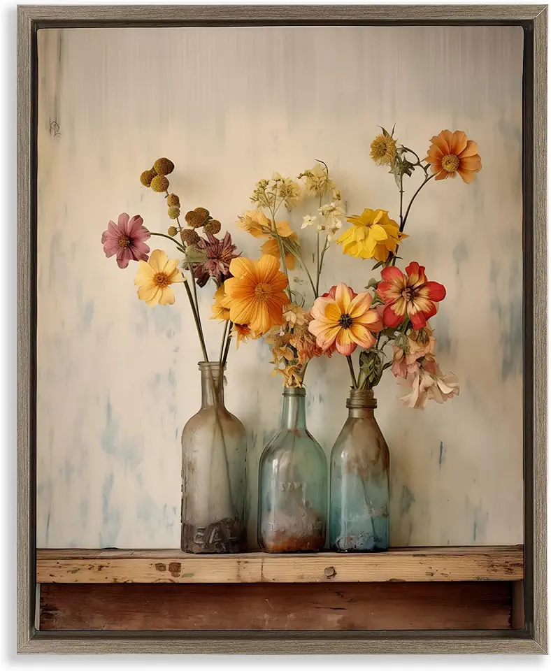 Stupell Industries Rustic Spring Flowers Shelf Brown Framed Floater Canvas Wall Art, design by Arlington Prints, 17 x 21