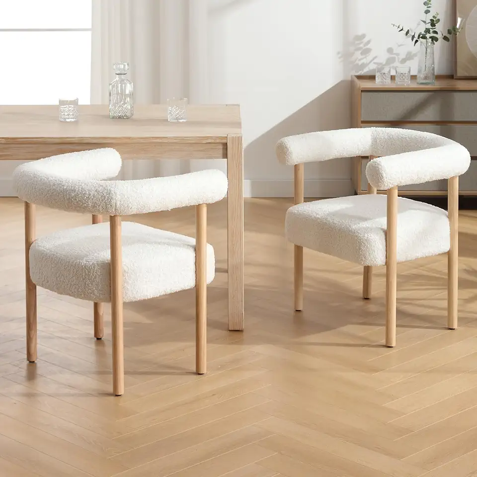 Boucle Barrel Dining Chairs Set of 2, Mid Century Modern Kitchen Chair with Natural Wood Legs, White