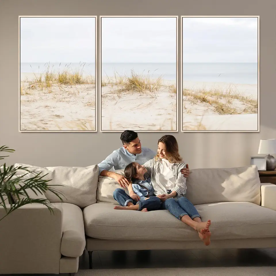 Beach Dunes Wall Art Print, Coastal Grass Art Picture Print, Sand Perfect Minimalist Decor, Sand Dunes 3 Panel Floating Frame/Natural / 90