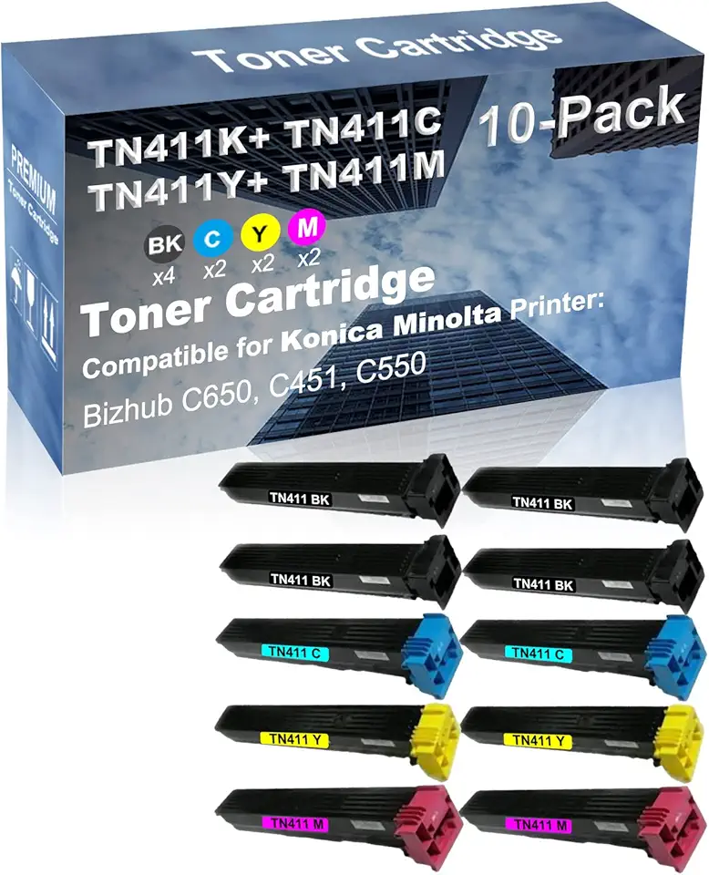 10-Pack (4BK+2C+2Y+2M) Compatible C650, C451, C550 Printer Toner Cartridge High Capacity Replacement for Konica Minolta TN411 (TN411K+ TN411C+ TN411Y+ TN411M) Toner Cartridge