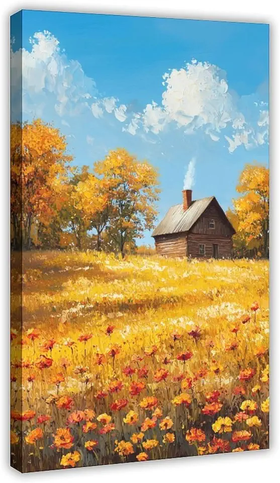 Cozy Autumn Wall Art – Countryside Farmhouse Canvas Print with Warm Fall Colors – Rustic Seasonal Landscape Painting Canvas Poster Bedroom Decor Sports Landscape Office Room Decor Gift Frame 20x30inch